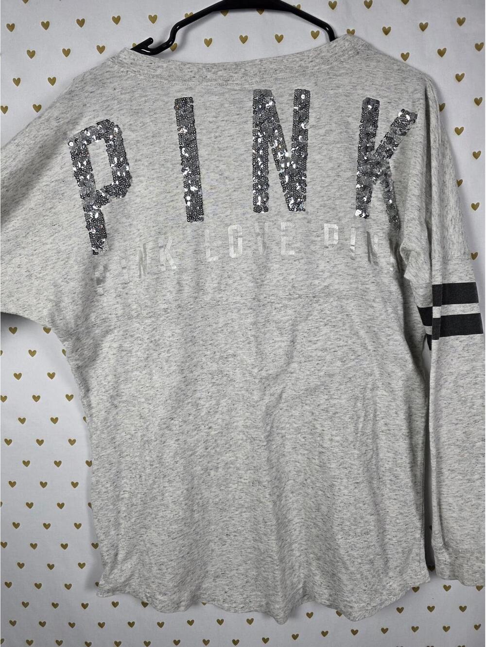 Victorias Secret PINK Campus Long Sleeve Grey BLING SEQUINED Tee V Neck Shirt SM